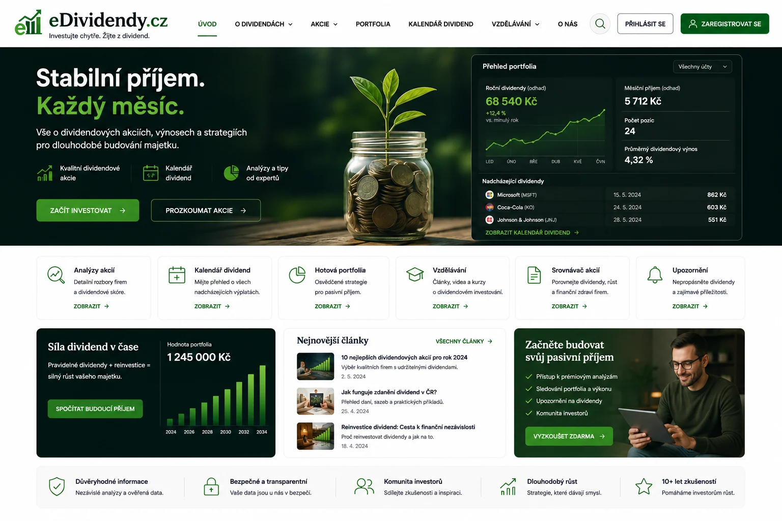 Ilustrační návrh eDividendy.cz s tmavě zeleným finančním přehledem a grafy